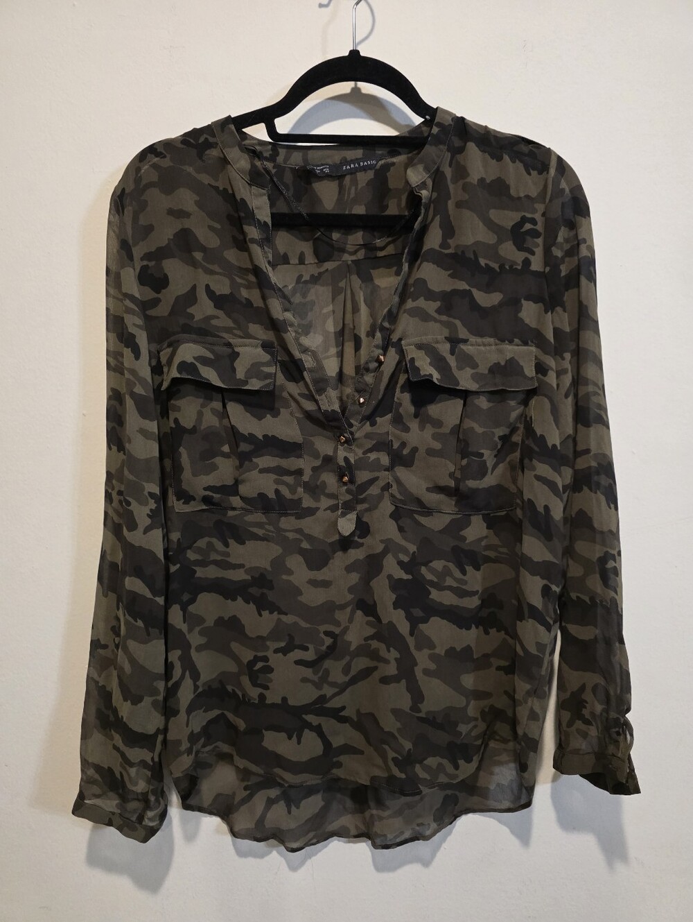 Zara Basic Green Camouflage Long Sleeve Button Down Shirt Blouse Sz L